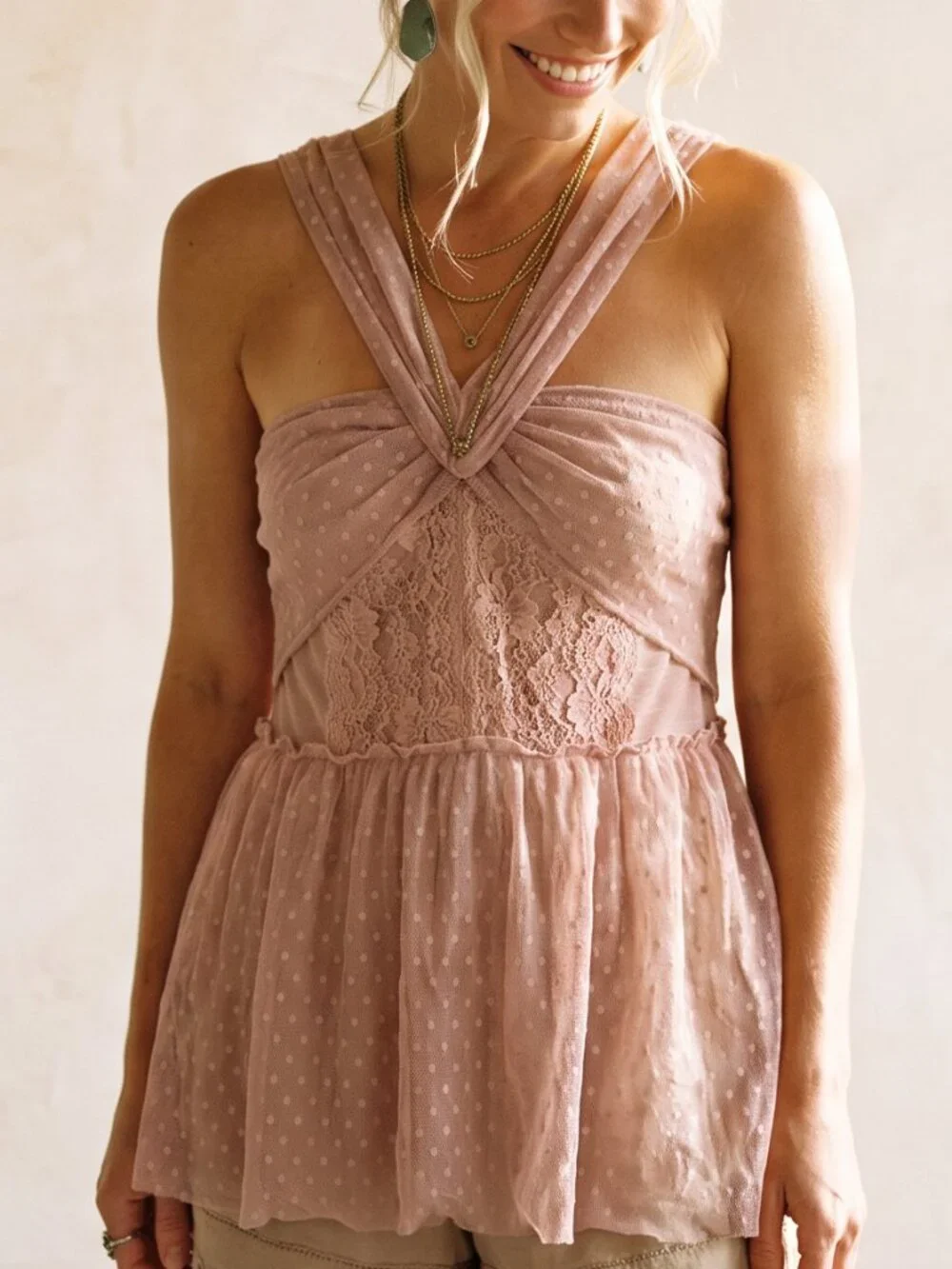 Free People Blush Pink Swiss Dot Lace Crossover Halter Peplum Tank Top L